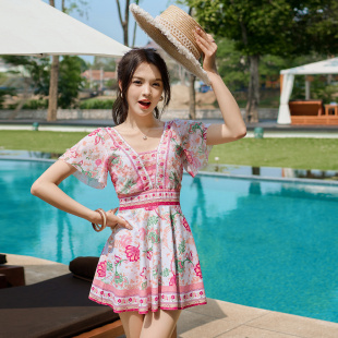 加肥加大保守连体裙式 游泳衣女显瘦遮肚胖mm舒适大小胸钢托0325r1