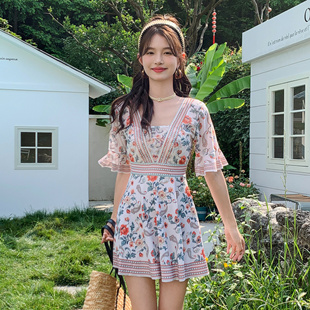 平角遮肚显瘦泡温泉度假泳装 胖mm保守连体裙式 女0325r1 加大码 新款