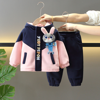 法国Anseola女童套装2026新款儿童洋气加绒卡通衣服春秋冬两件套