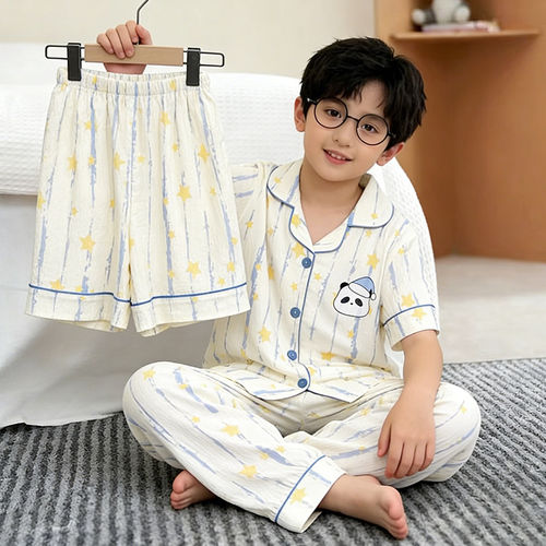 法国Anseola云朵棉男童三件套睡衣春夏季儿童男孩短袖长裤薄款卡