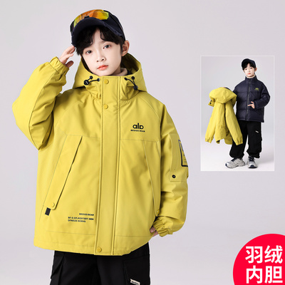 法国Anseola男童冲锋衣冬加厚羽绒服中大童三合一可拆卸抗寒外套