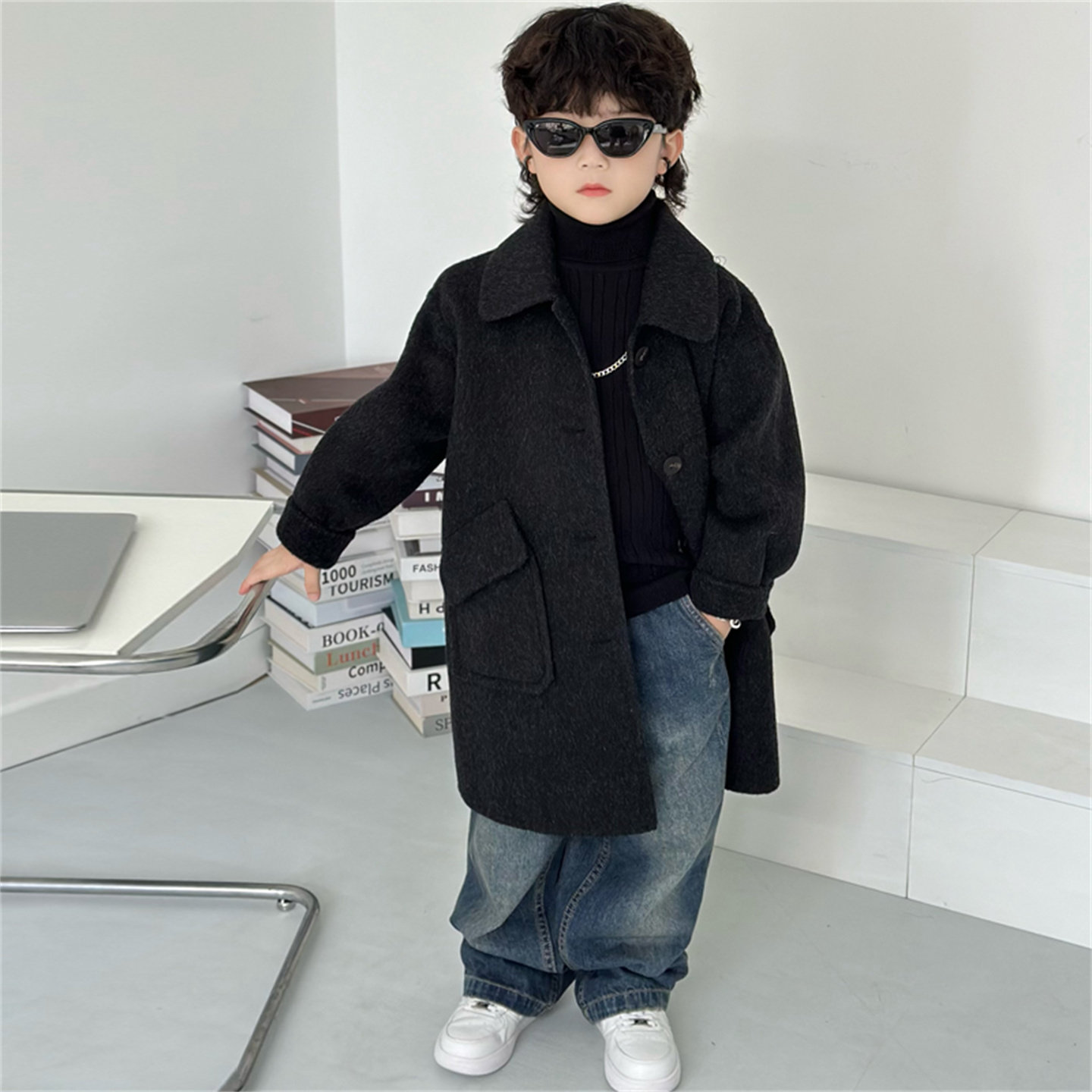 法国Anseola秋冬款儿童双面羊绒大衣男童中大童羊毛呢外套中长款