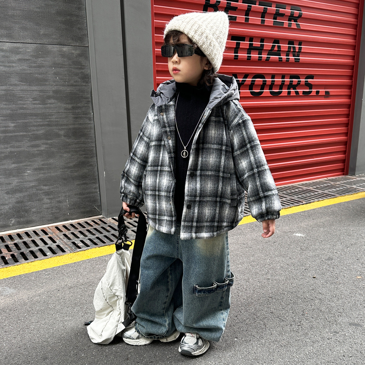 法国Anseola男童薄棉外套儿童秋冬款格子毛呢大衣小男孩洋气棉服