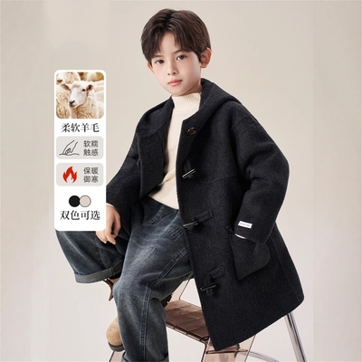 法国Anseola男童牛角扣双面羊毛大衣秋冬款儿童中长款格雷系外套