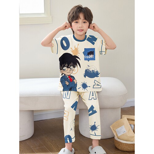 法国Anseola春夏款柯南睡衣儿童纯棉卡通短袖男孩休闲宽松圆领家