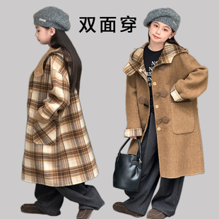 法国Anseola秋冬新款儿童双面羊绒大衣中长款女中大童双面穿连帽