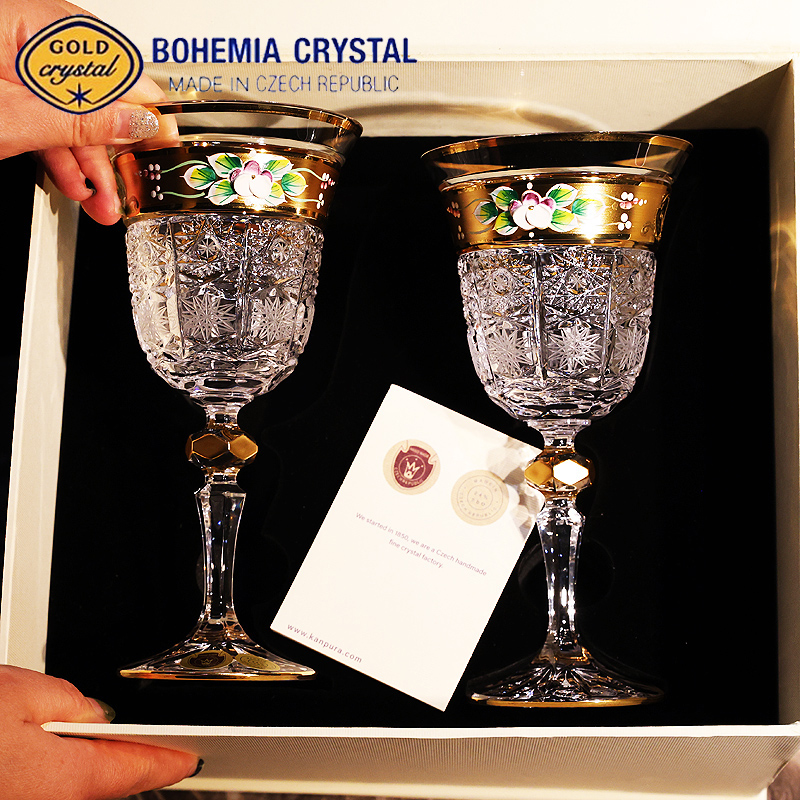 捷克BOHEMIA进口水晶玻璃珐琅花红酒葡萄酒高脚杯香槟对杯子礼盒