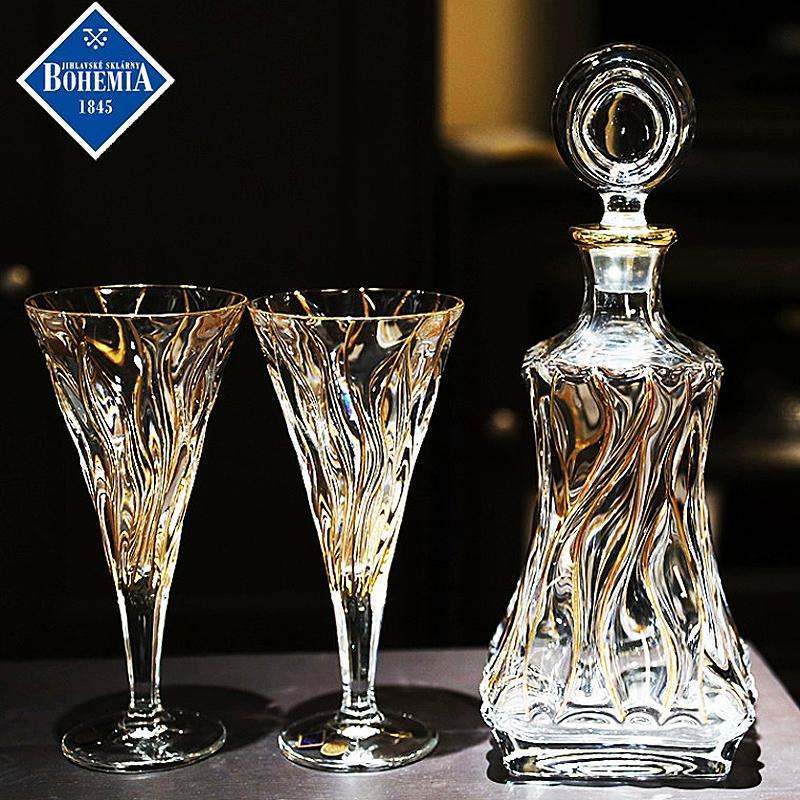 捷克BOHEMIA进口水晶玻璃描金威士忌杯洋酒杯高脚红酒杯酒具套装