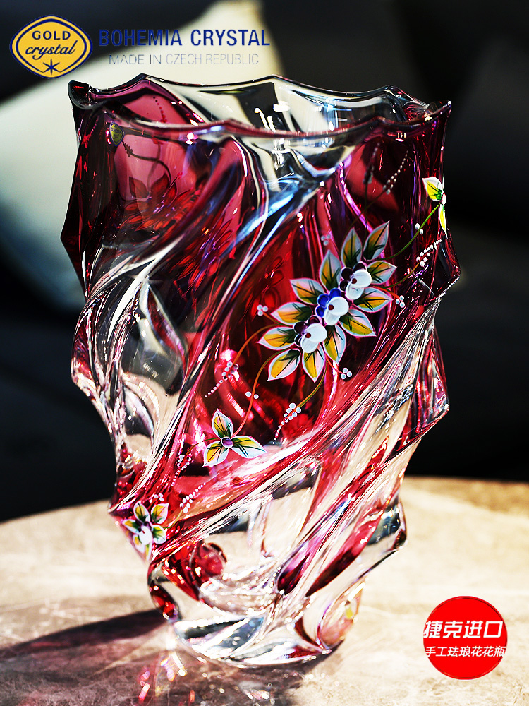 捷克BOHEMIA原装进口水晶玻璃花瓶描金珐琅欧式装饰轻奢摆件花瓶