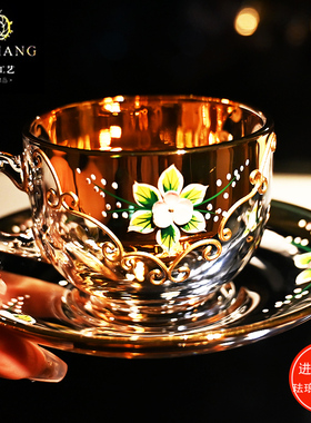 进口工艺高档珐琅花水晶玻璃咖啡杯家用下午茶奶茶杯精致花茶杯碟