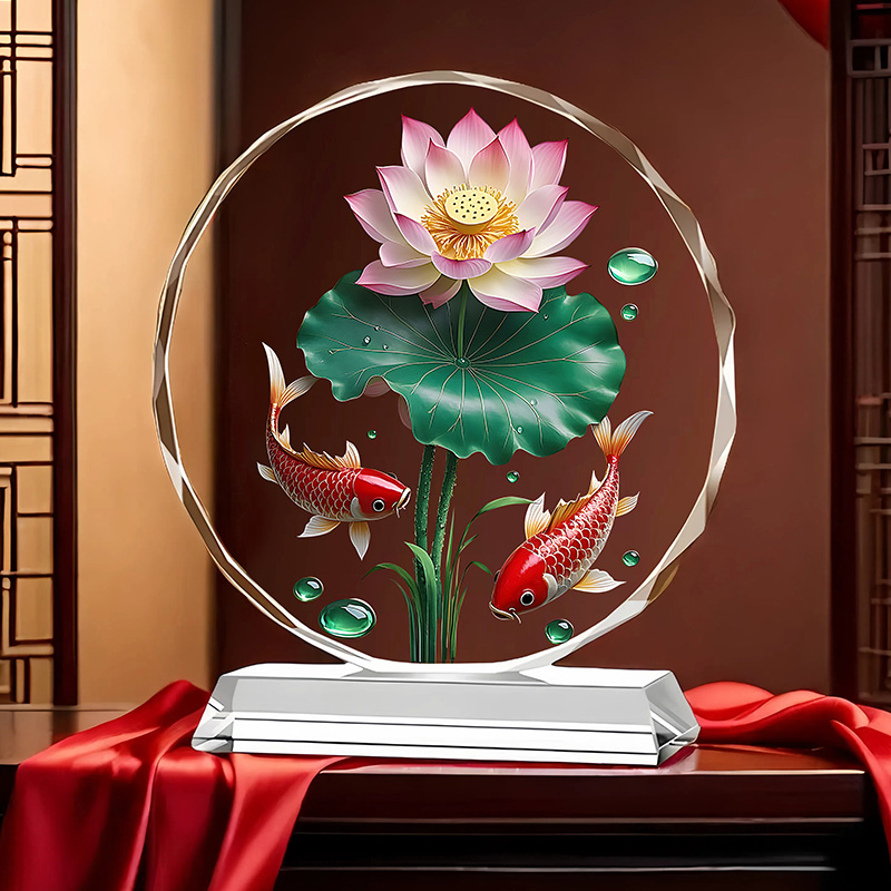 荷花锦鲤水晶摆件办公室乔迁开业