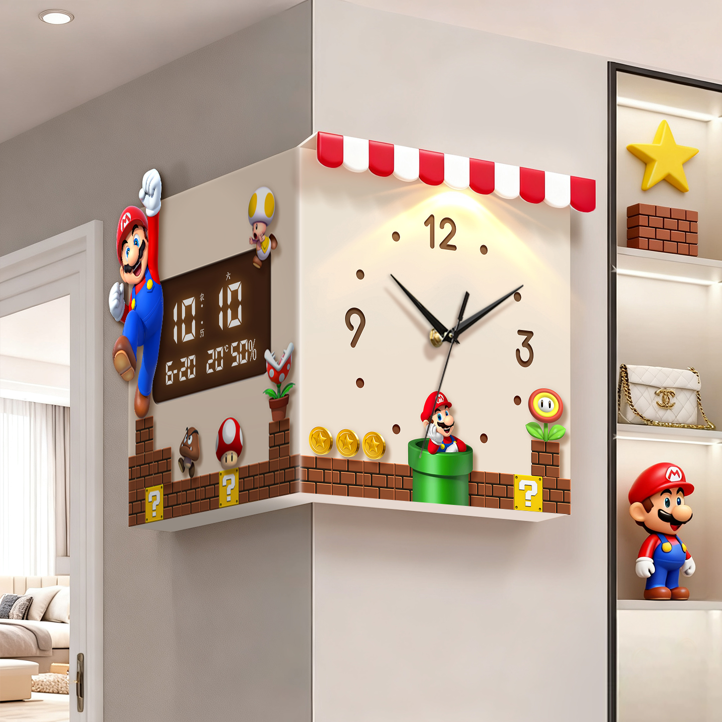 客厅马里奥转角时钟万年历电子钟