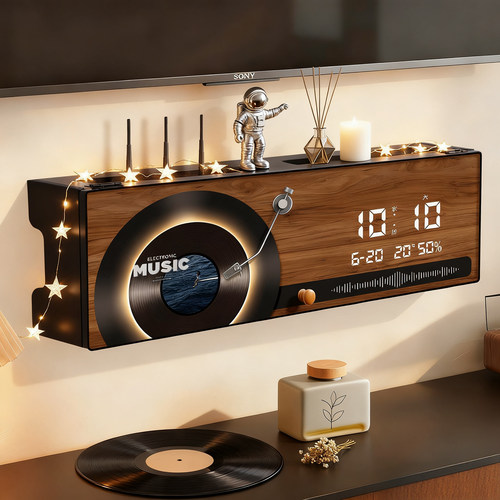 中古风路由器放置架电子钟收纳盒