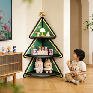 复古客厅转角置物架墙角落地摆件盲盒收纳展示架中古风拐角三角柜