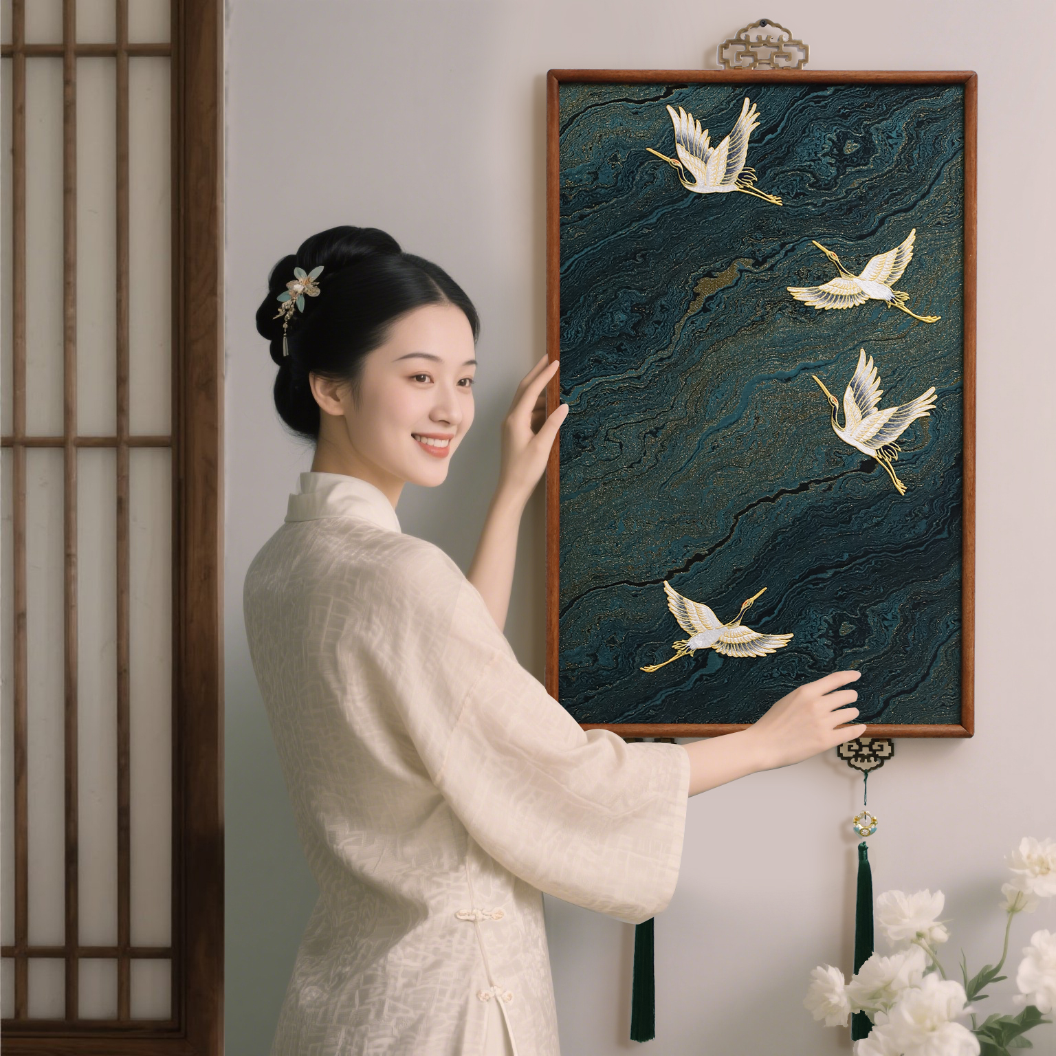 宋代美学实木装饰画客厅新中式刺绣挂画玄关走廊墙上高级艺术壁画图片