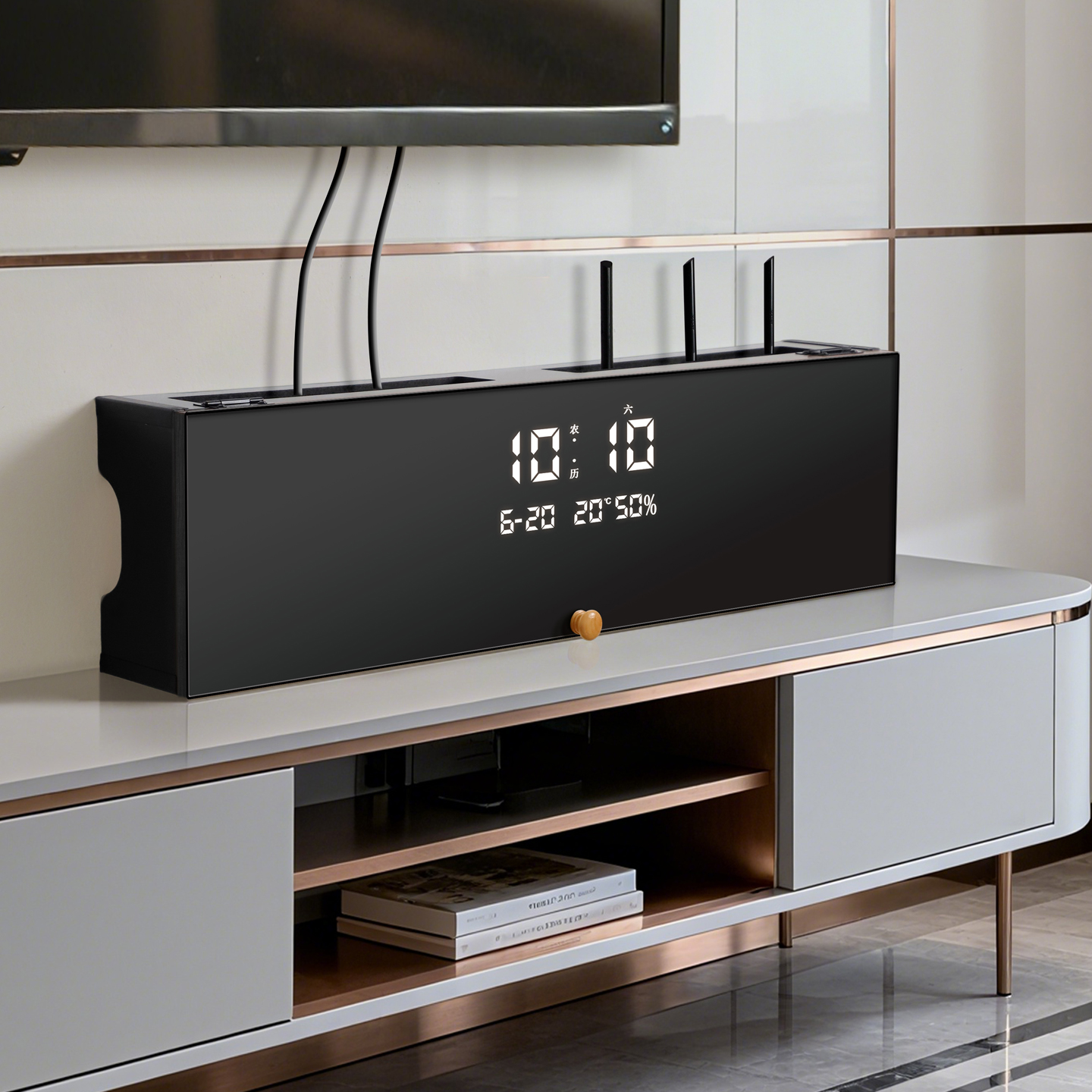 国补路由器放置架带电子钟收纳盒机顶盒隐藏神器免打孔光猫置物架