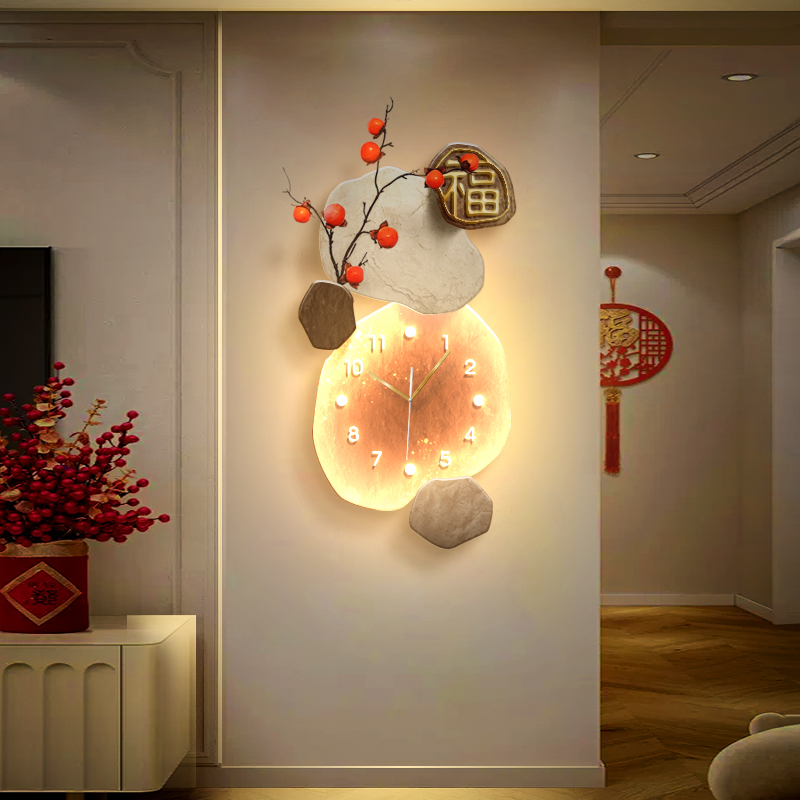 石来运转带钟表装饰画客厅背景墙杮杮如意立体时钟壁灯餐厅挂钟画