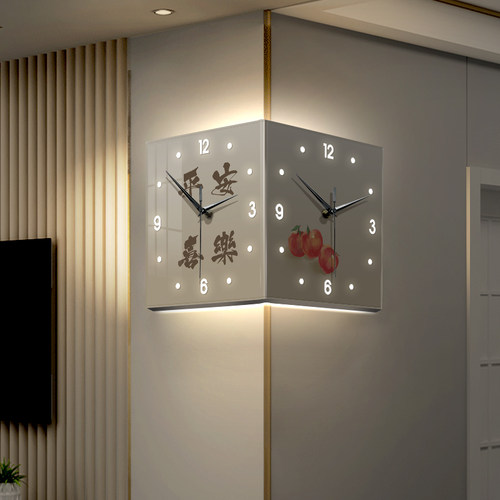 平安喜乐双面拐角挂钟客厅免打孔静音创意时钟壁灯画转角钟表挂墙