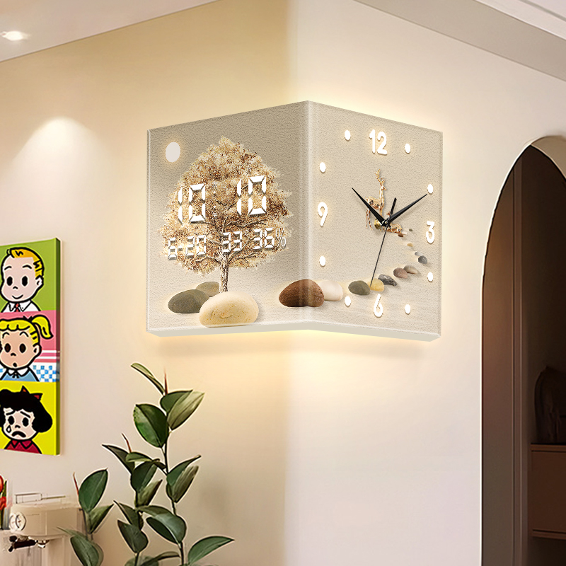 发财树客厅装饰画2025新款万年历电子屏挂钟玄关创意双面拐角挂画图片