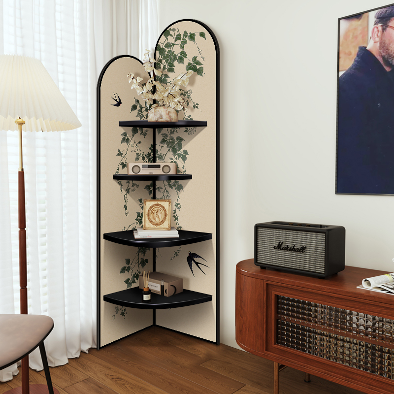 新款客厅收纳柜创意柜画绿植转角装饰画拐角置物柜中古风墙角书柜