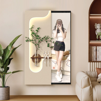 奶油风玄关推拉镜装饰画立体水培绿植led壁灯画隐藏式全身镜挂画