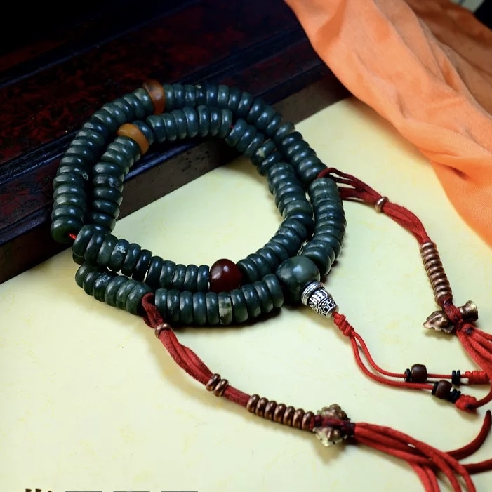 清代老地方玉片珠108颗原配老玉石佛珠老蜜蜡老玛瑙藏玥藏传