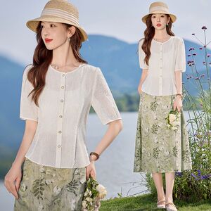 时尚气质显瘦套装裙女2025夏季收腰显瘦短袖衬衫印花半身裙两件套