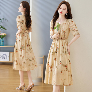现货新品子母条气质舒适印花连衣裙