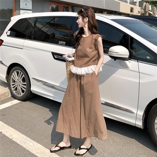 褶皱纯色无袖 女夏季 2025韩系甜美套装 衬衫 两件套 高腰休闲裤 裙裤