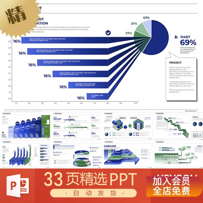 办公必备蓝绿高级感信息图表报表数据可视化结构图逻辑图PPT模板