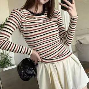 复古ins修身 T恤女2026新款 显瘦上衣服潮 长袖 圆领撞色条纹春秋冬款