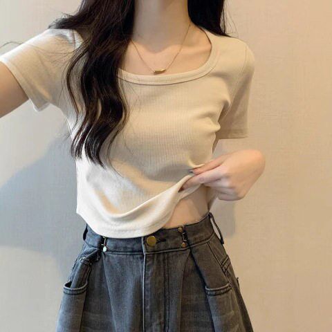 【1*1  40支纯棉罗纹95棉5氨纶】弧形下摆法式方领短款上衣