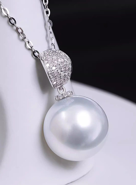 母贝珍珠吊坠项链 S925纯银 单颗大白珠 满锆女款经典百搭锁骨