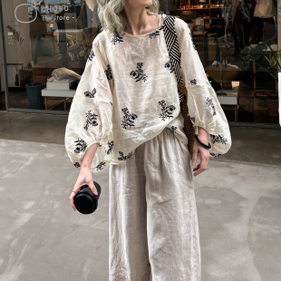 高定重工刺绣 衬衫 纯苎麻走路带风复古大码 长袖 显瘦灯笼袖 韩国单
