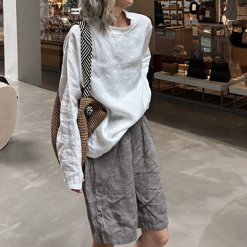 秋冬新女 韩国单轻奢老钱慵懒风汗麻亚麻透气大码长袖衬衫打底T恤