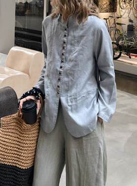 春夏新女新中式 超显瘦复古老钱风大码亚麻立领长袖衬衫开衫外套