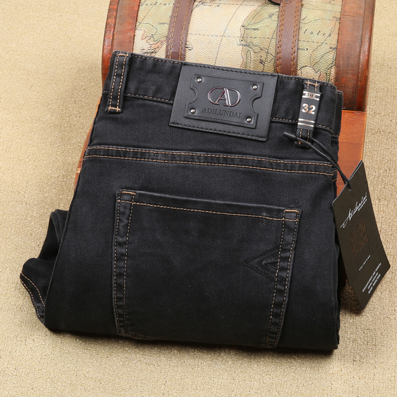 A系黑灰色直筒修身磨白牛仔长裤