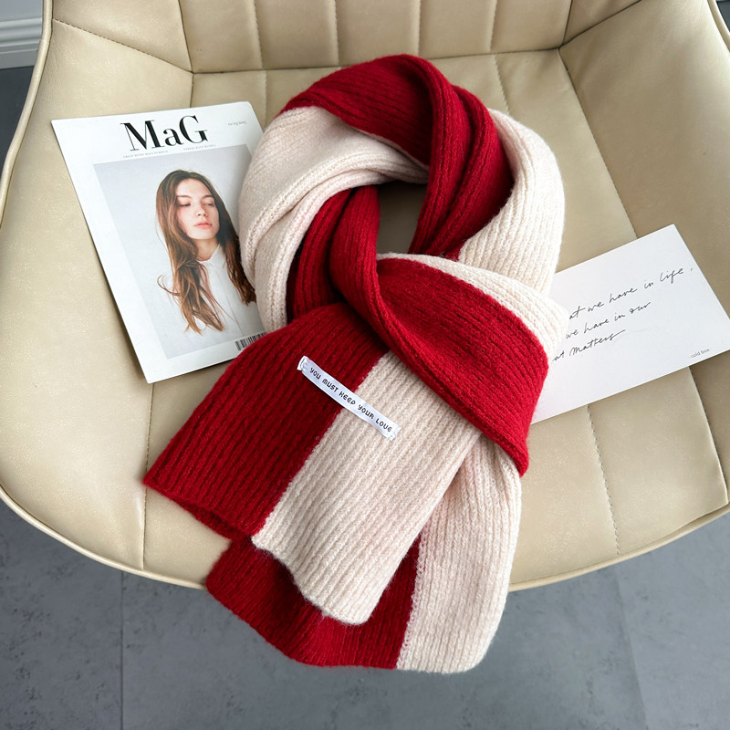 针织粗毛线拼色厚围巾女生大红色秋冬季短小围脖护颈韩版百搭软糯