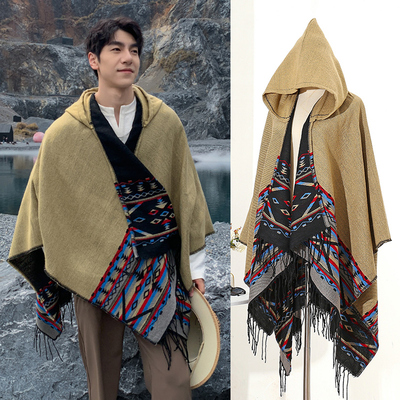 民族风大披肩外搭斗篷披风男女厚围巾帽子一体新疆川西北旅游穿搭