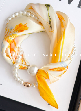 磁吸扣珍珠项链小耳朵窄长条丝巾女黄色护颈围脖子搭配衬衫薄围巾