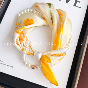 磁吸扣珍珠项链小耳朵窄长条丝巾女黄色护颈围脖子搭配衬衫薄围巾