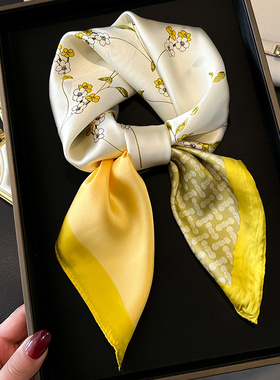 黄色小方巾丝巾女春秋夏季空姐搭配衬衫护颈围脖子防晒薄纱巾围巾