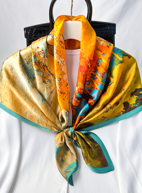 黄色油画小丝巾女大方巾春秋冬季纱巾薄围巾中年妈妈正方形90x90