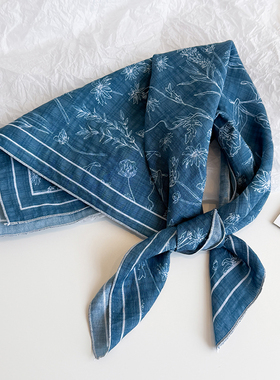 复古蓝色小方巾丝巾女包头防晒护颈围脖领巾薄围巾三角扎头绑发带