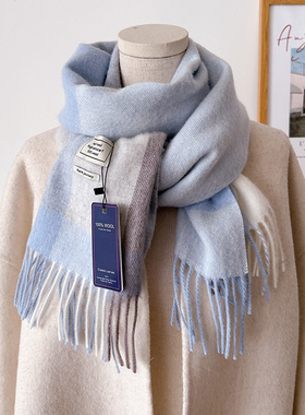 百分百纯羊毛蓝色格子围巾女生秋冬季羊毛围脖送女友妈妈生日礼物