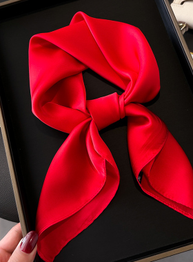 纯色中国红大红色小方巾丝巾女春秋夏季搭配衬衫护颈饰脖子薄围巾