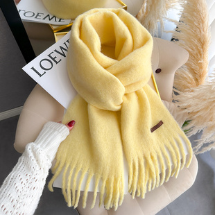 针织羊毛厚围巾男女生情侣秋冬季纯色嫩黄明黄色儿童护颈短小围脖