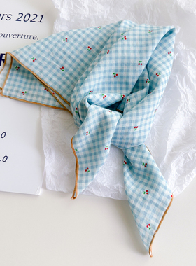 小方巾丝巾女头巾蓝色春秋冬季护颈围脖法式发带棉领巾纱巾薄围巾