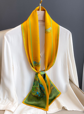 千里江山图真丝桑蚕丝小长条黄色丝巾女护颈围脖子飘带腰带薄围巾