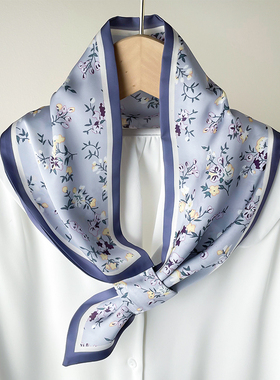 蓝色碎花小长条方巾丝巾女春秋懒人带扣领带护颈围脖子装饰薄围巾